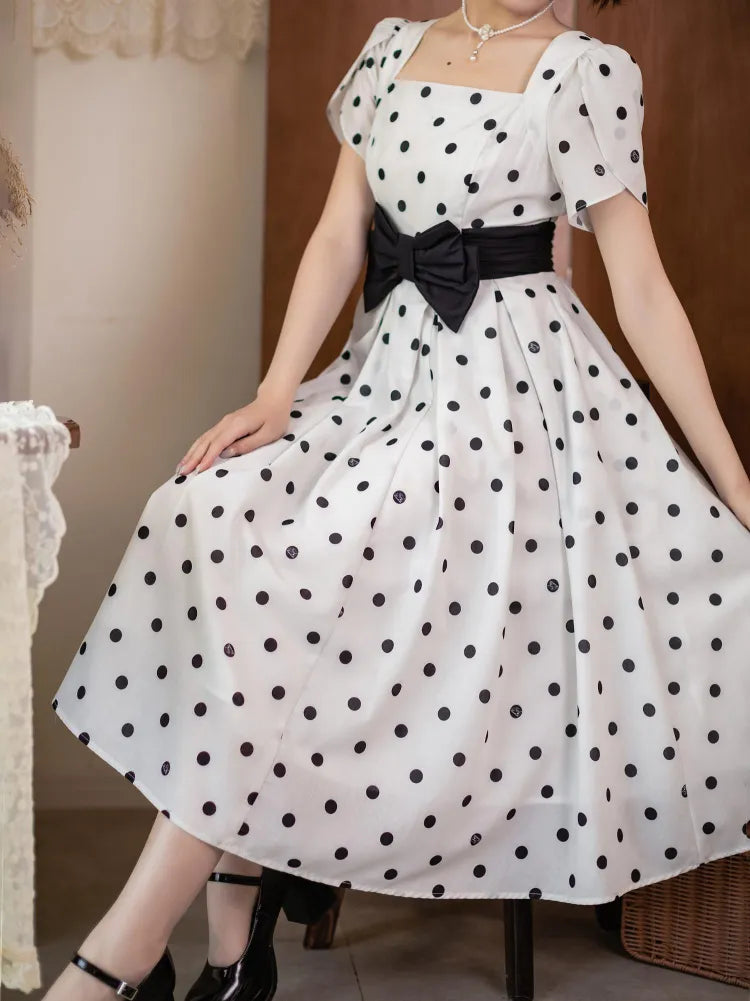 and Neckline Polka Dots Square Petal Dress Sleeves Black White Pattern