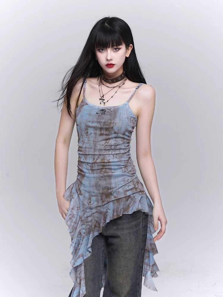 Haut caraco glamour bleu clair asymétrique à volants et taille froncée