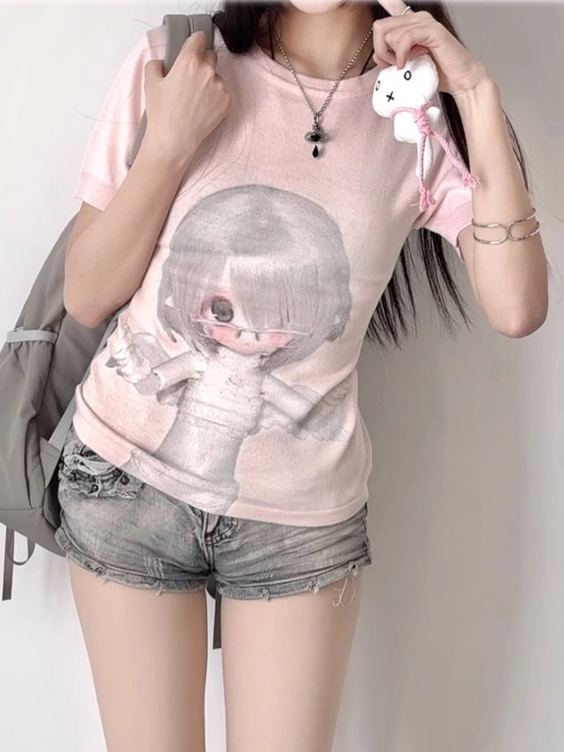 Neck BJD Doll Print Slim-fitting T-Shirt Pink Round
