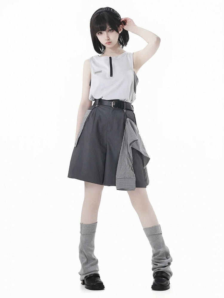 and Accessory Buckle Belt Shorts with Striped Gray Casual