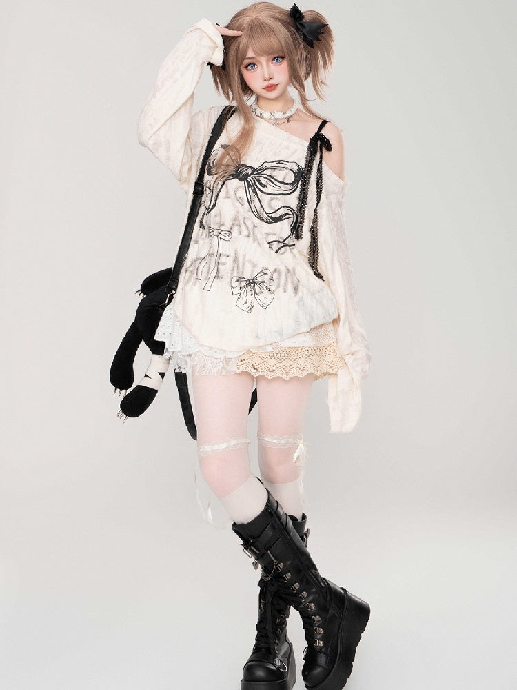 Grey/Milk White Bowkonts Asymmetrical Neckline Top