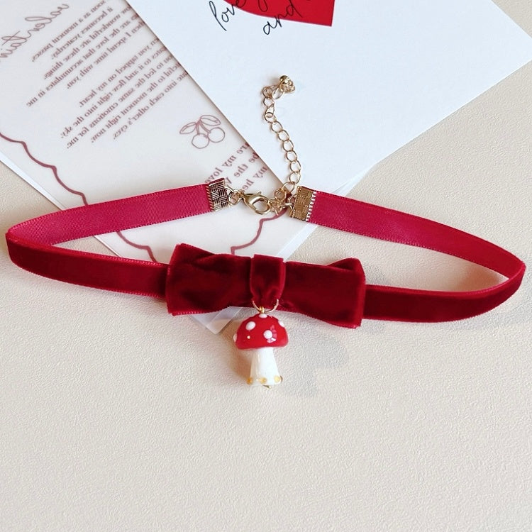 Choker Detail Red Pendant Bowknot Mushroom