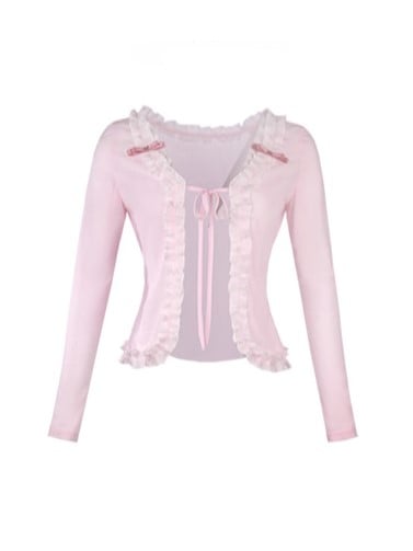 Bow Knit Pink Straps Lace Trim Cardigan With Self-tie