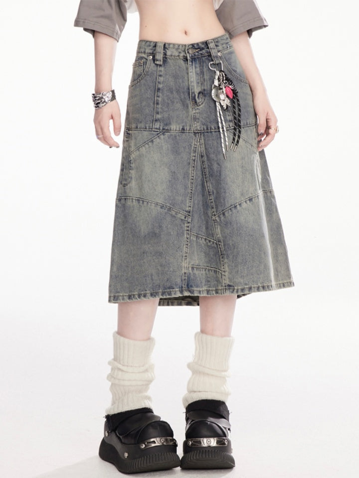 Charm Free Blue Low Rise Faded Wash Distressed Denim Skirt with