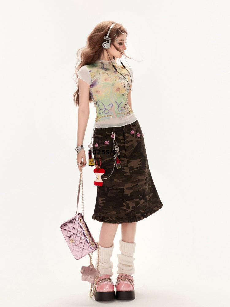 Waist Vintage Ruffle Hem Denim Mermaid Skirt Camo Low