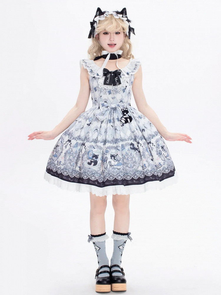 in Wonderland Theme Bunny Sweet Lolita Jumper Print Skirt and Alice Kitty Dress