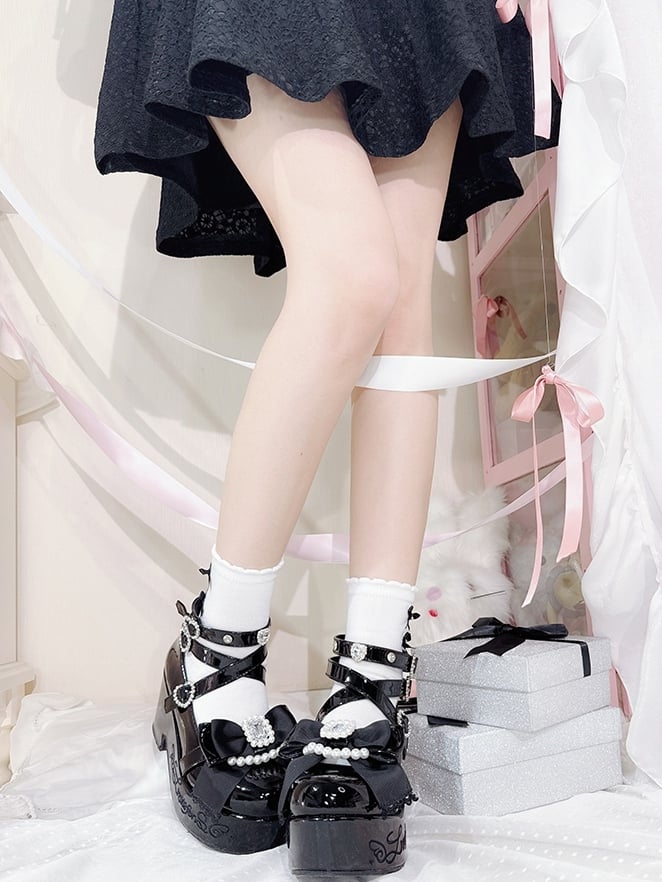 Decorated Platform High Block Black Heels Bow Top Polished Rhinestone Kei at Beaded Jirai And