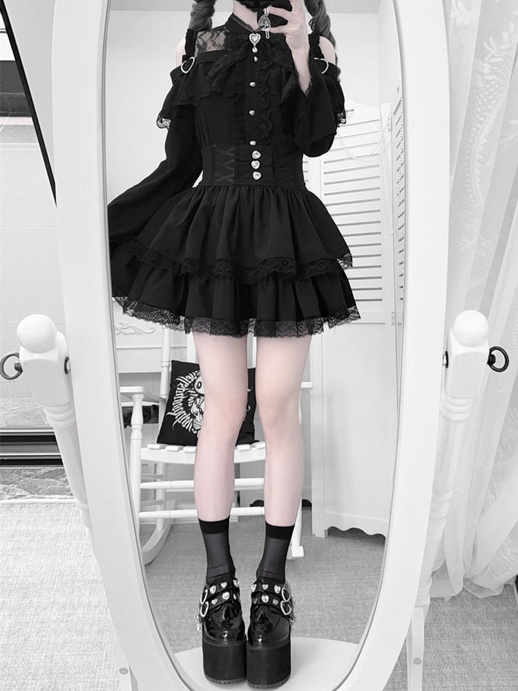 Offenes Jirai Kei Bell Shoulders Black Set: mit Top Three-Piece Sleeves All