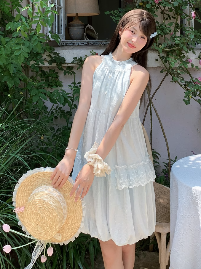 Light Skirt Buttons Sleeveless Dress Halter Neck Bubble Blue Ruffled Bead
