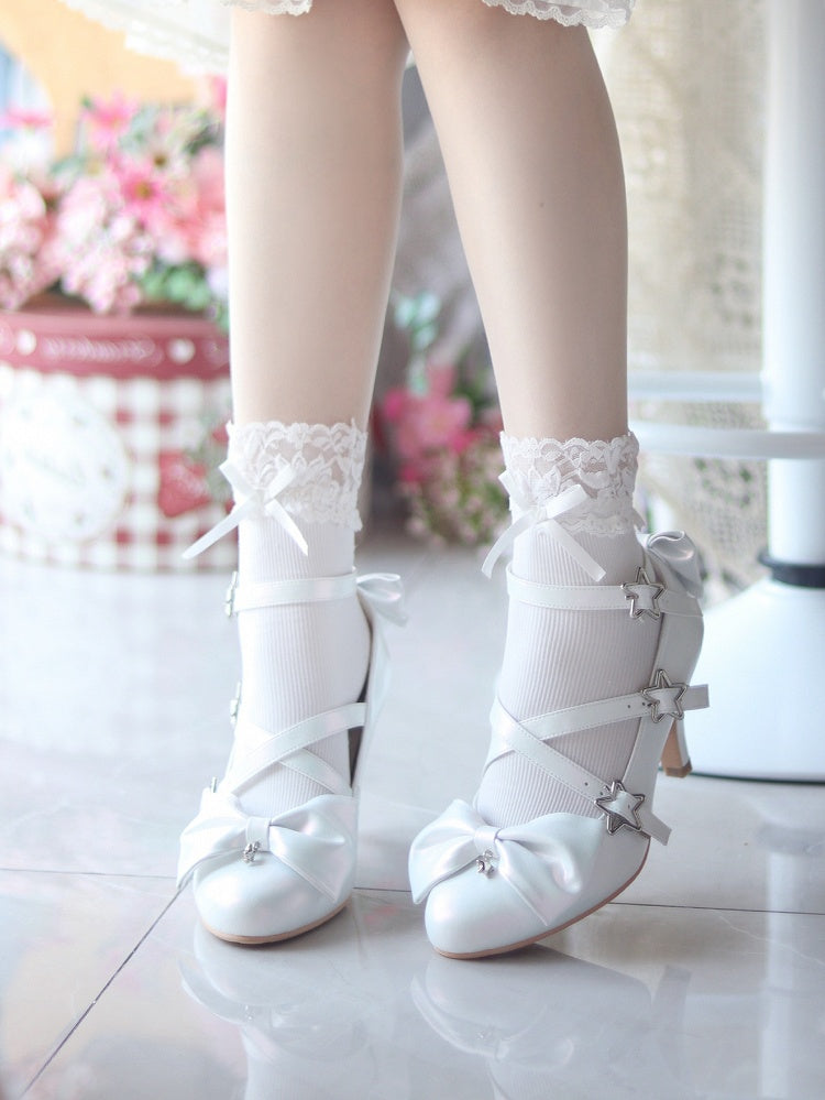 Star High White Sweet Lolita Buckles Crisscross Straps with - Accents Heels Bow