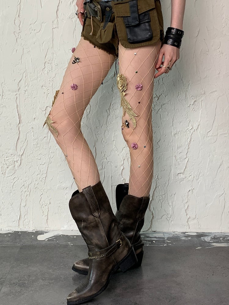 Tights Fishnet Wasteland Floral And Details Star Punk Nude/Black