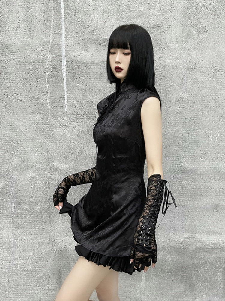 Gothic Black Fingerless Gloves with Lace-up Detail