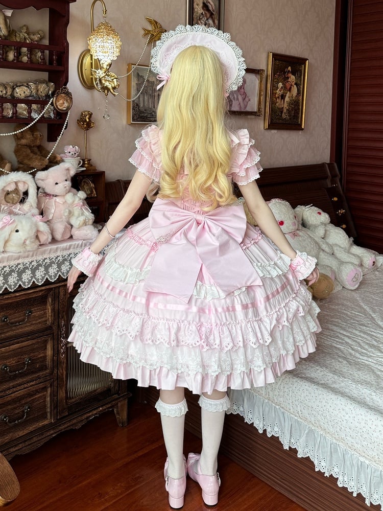 Rosa und weißes Old School Lolita-Kleid mit Schleifen und herzförmiger Dekoration, Prinzessinnen-Lolita-Pulloverrock