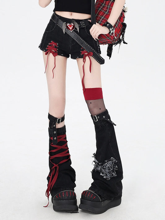 Warmers with Hem Denim Shorts and Butterfly Lace-up Details Red Applique Black Leg