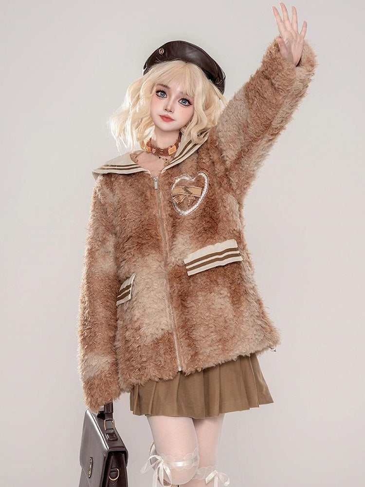 Black/Brown Sailor Collar Bowknot Details Fleece Jacket