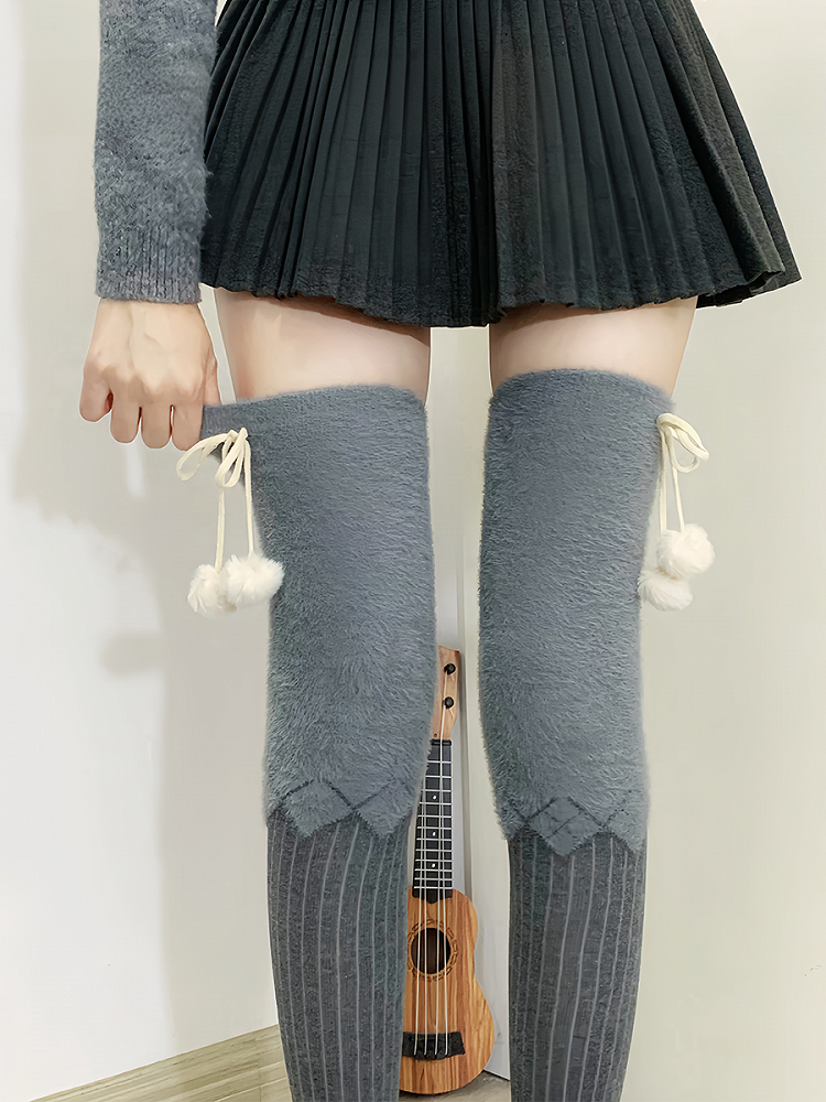 Milk White/Light Coffee/Gray/Black Plush Overknee Stockings With Pompons