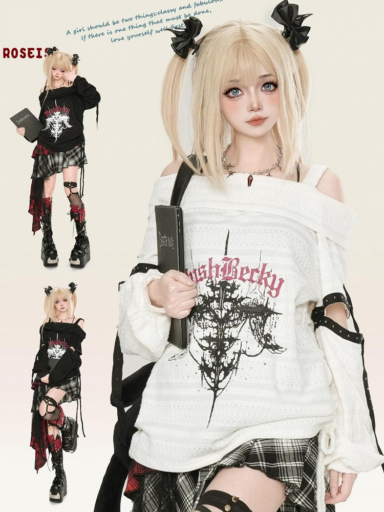 Y2K Black/White Cross Print Cutout Detail Off-the-shoulder Neckline Punk Top