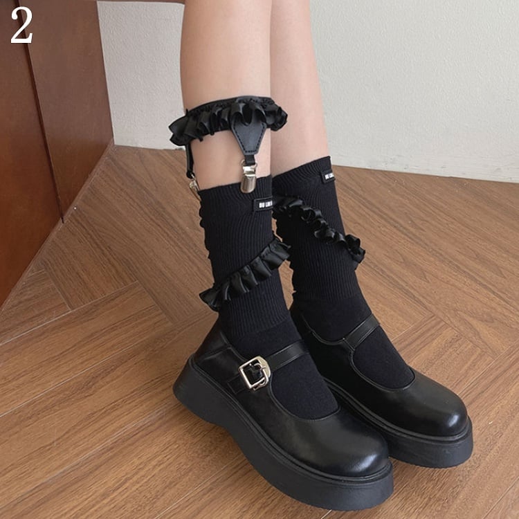 Black/White Trim Socks/Black Y2K Leg Ruffle Loop
