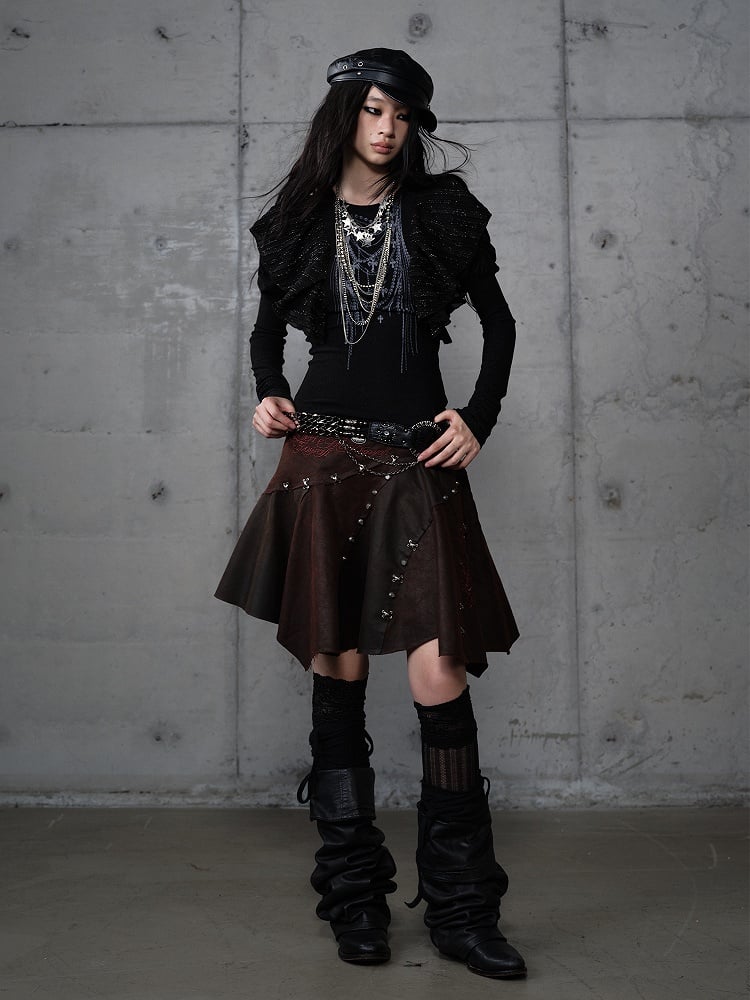Asymmetrical Skirt Punk Reddish with Embroidery Wasteland Hem Brown Floral Suede