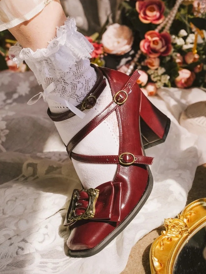 Crisscross Mid-Heel Square Schuhe Fashion Wine Design - Rot 1990er Jahre Zehe Vintage