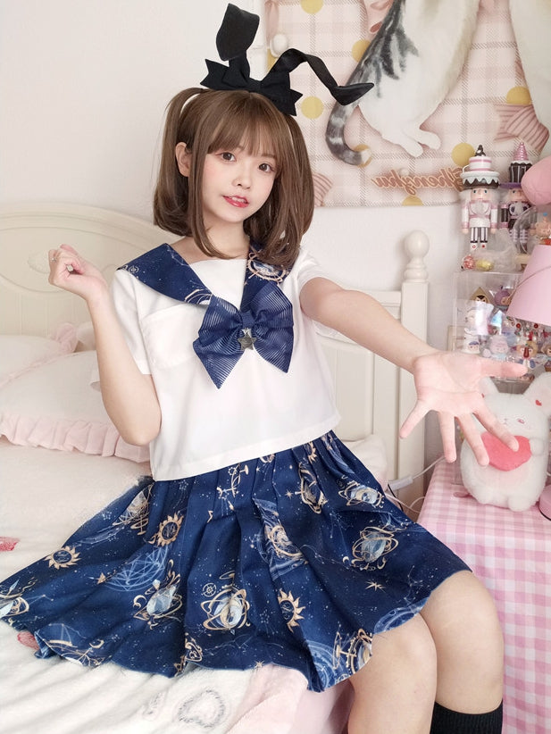Dark Blue Celestial Globes Print Sailor Collar White JK Uniform Top