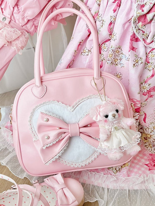 Beaded Decorated Bowknot Hand Plush Bag Pink Sweet Lolita Heart