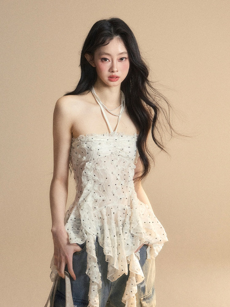 Flounce Hem White Glamorous Halter Neck Polka-dot Top Pattern Asymmetrical Strapless