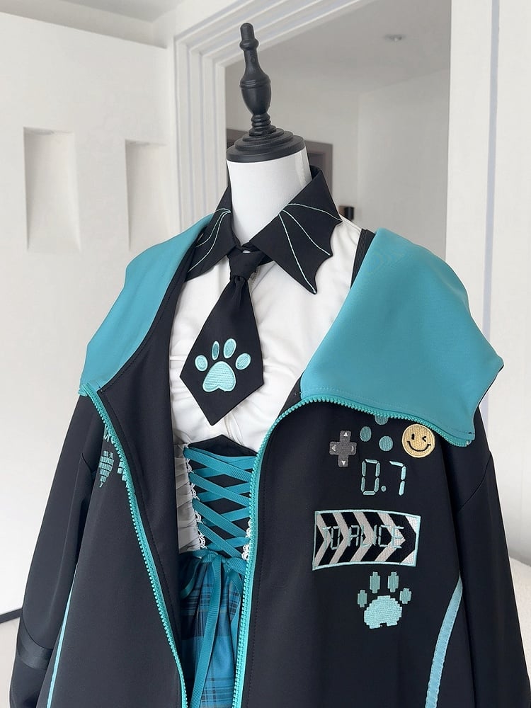 Hooded Techwear Black Futuristic Jacket Blue and Cyberpunk