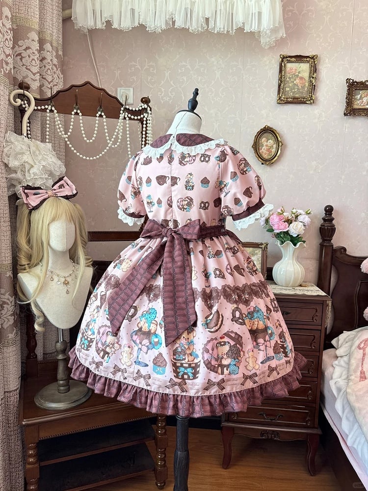 Piece Pink Lolita Dress One Vintage Teddy Bear Print Sweet Light