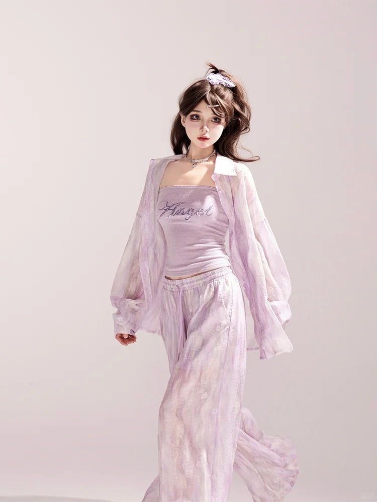 Light Waist Wide-leg Casual Loose Shirt / Pants Purple Drawstring