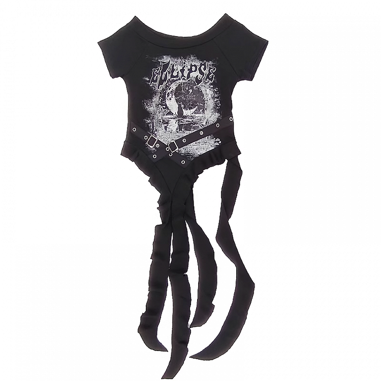 Y2K Blue/Black Criss-cross Design Cascading Ruffle Accents Moon T-shirt Print