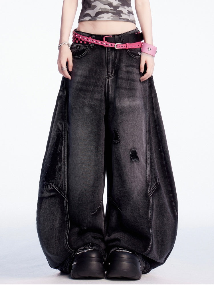 Vintage Waist Distressed Holes Black Low Wide-leg Jeans