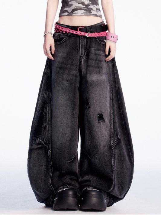 ヴィンテージウエスト、ダメージ加工、穴あきブラック、ローカット、ワイドレッグジーンズ