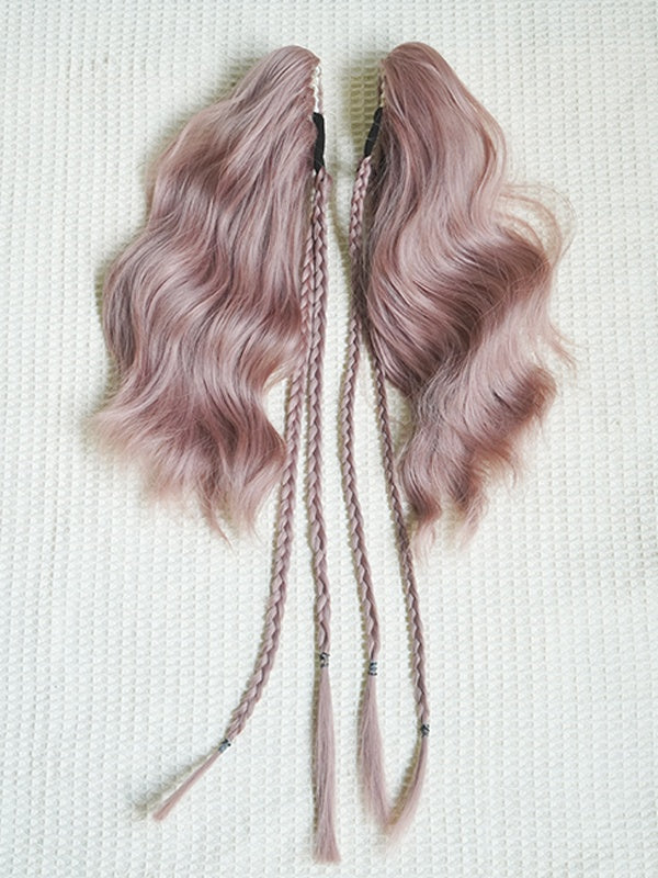 Dusty Pink Bob Cut Short Wig With Bangs+Double Wavy Ponytail Claw Clips