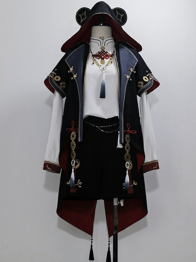 Manteau à capuche en ouji noir avec pièces de cuivre et oreilles de panda