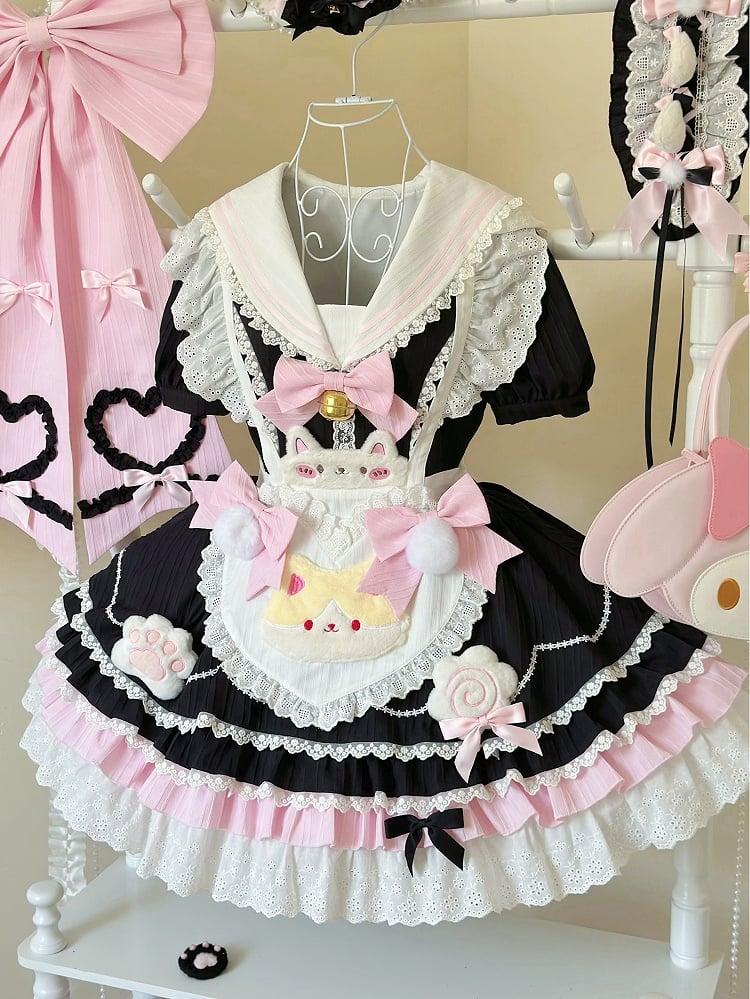 with Maid Pink Sailor Collar Apron Heart Lolita Black and Sweet Dress Kitty