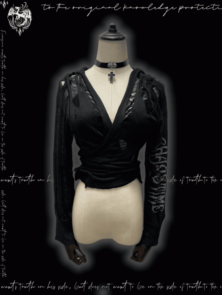 Strap Punk Black Distressed Holes with Hooded Cardigan Glamorous Self-tie