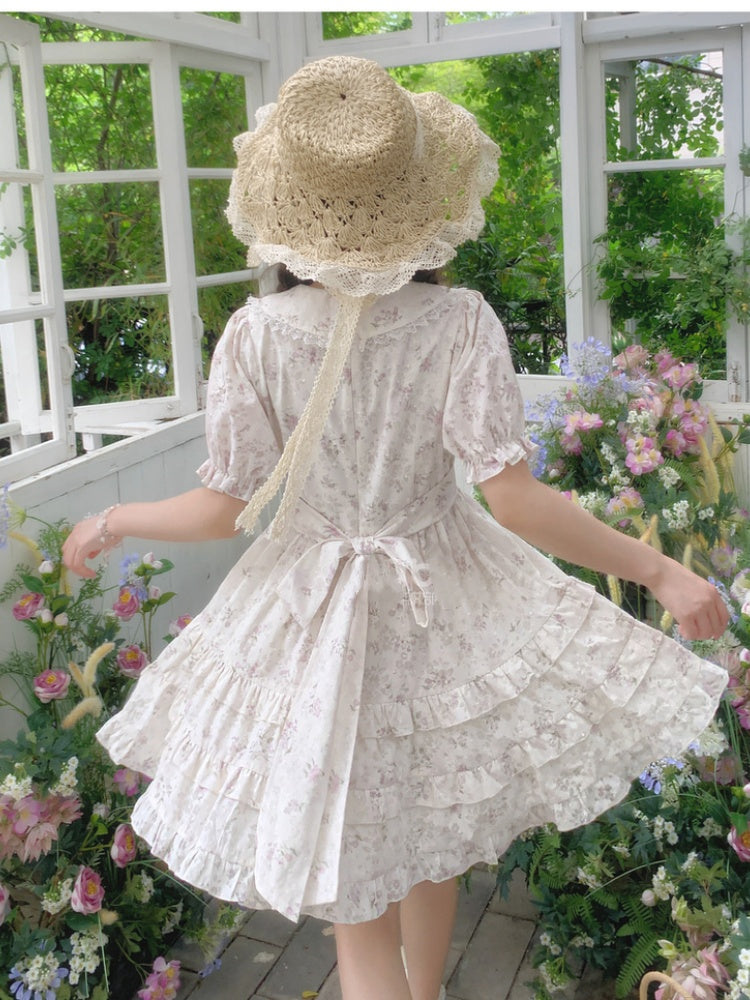 Bow Floral Dress White Peter Pan Collar Self-tie Waist Sweet