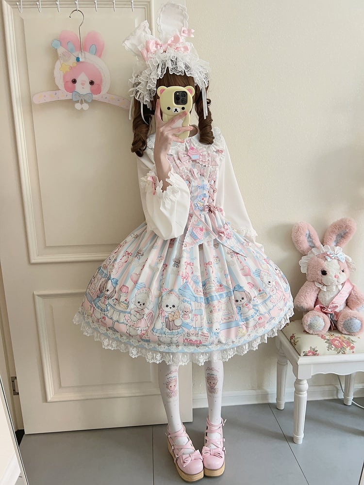 Puppy's Lolita Sweet Print Dress Afternoon with Ribbon Flags Tea