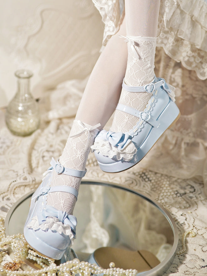 Blue Trim Baby Buckles Platforms at Heart Lace Top Bow