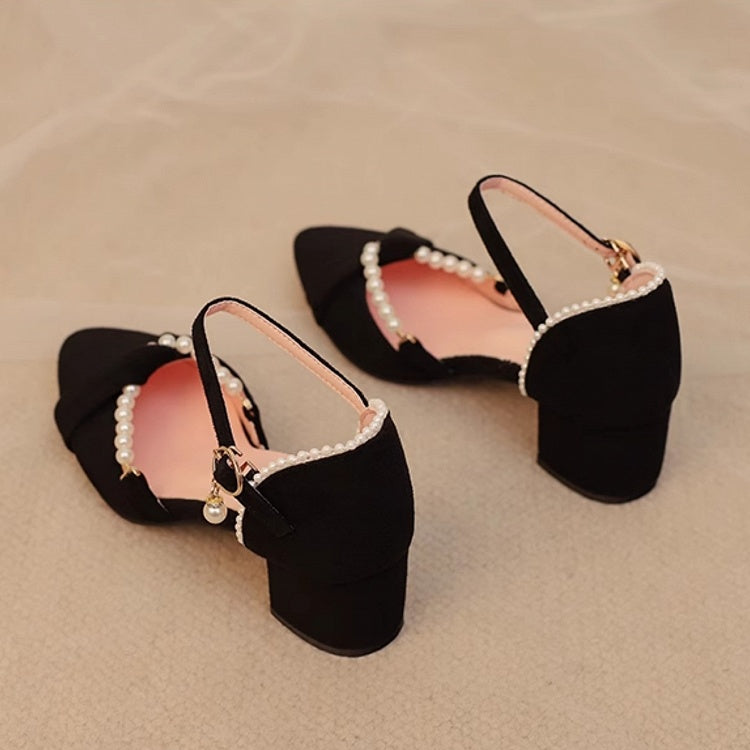 Dekor-Kettenschuhe, kompliziertes Qi, spitz zulaufend, mit schwarzer Spitze – Absatz, mittelhoher Absatz, Perlensandalen, Lolita, abnehmbare Rückseite, Wildleder