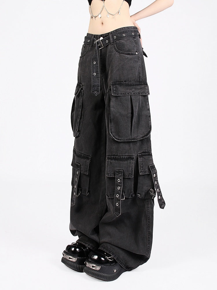 Blue/Black Multi-Pocket Utility Cargo Jeans with Hanging Strap Design