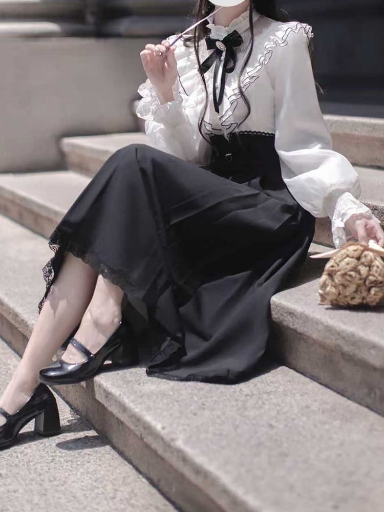 Long Kei Clean Faux Aesthetic with Flounce Innocent - White Elegant Neckline Two-Piece Tiered and Jirai Dress Black