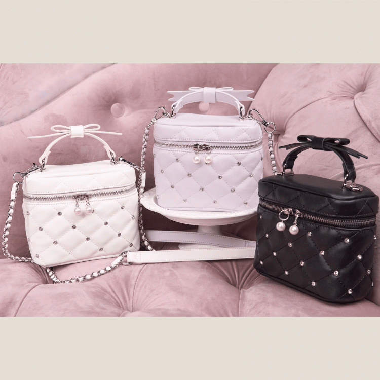 Crossbody/Handbag Quilted Decor with Jirai Pink/White/Black Kei Rhinestone