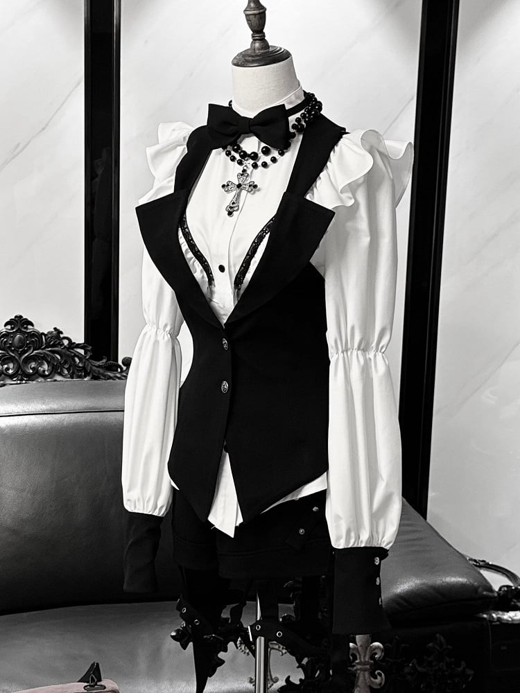 and Prince Lolita Waistcoat Garters - Outfit Ouji Gothic + Bowtie Black Tailcoat with White Shorts Shirt