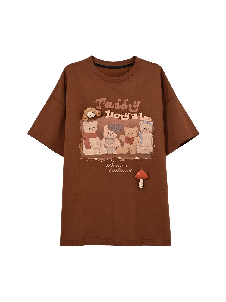 Mushroom Teddy Bear Print Brown Adorable Neck Round Loose T-shirt with Plushie
