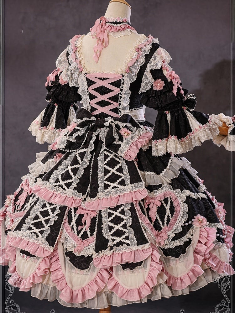 Black Hanayome Rosette Embroidery Floral and Bead Chain Lolita OP Full Set