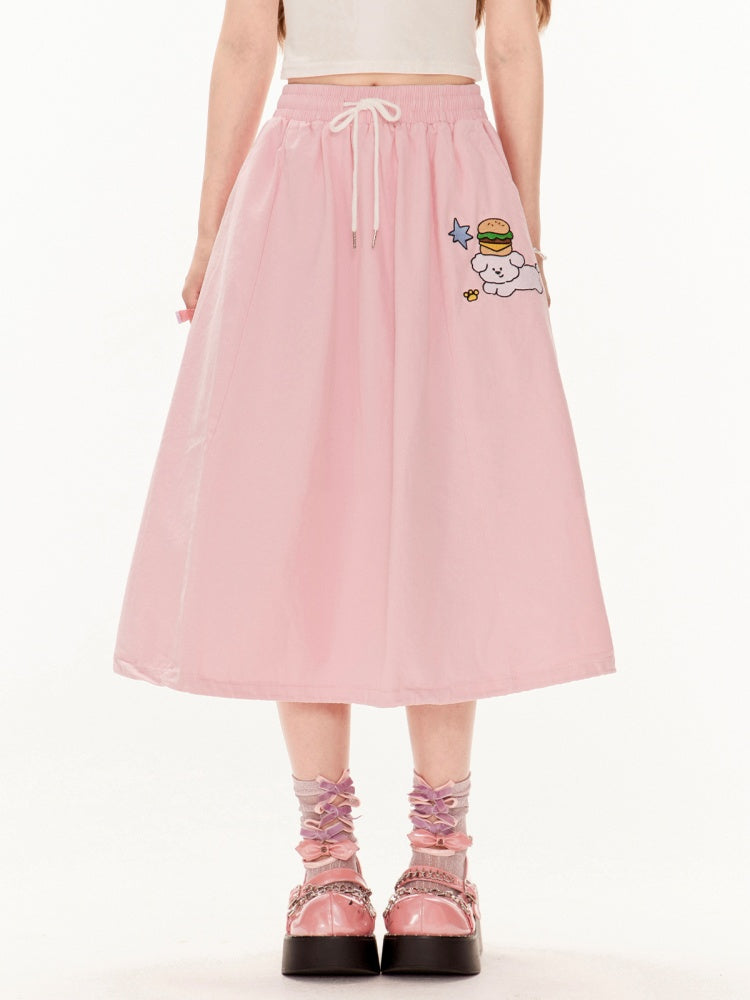 Skirt A-line Pink Drawstring Waist Cute Puppy Embroidery