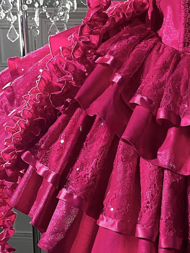 Barbie Boning Tiered Ruffle Roses Sequins Hot Pink Dress Goth Neckline Lolita