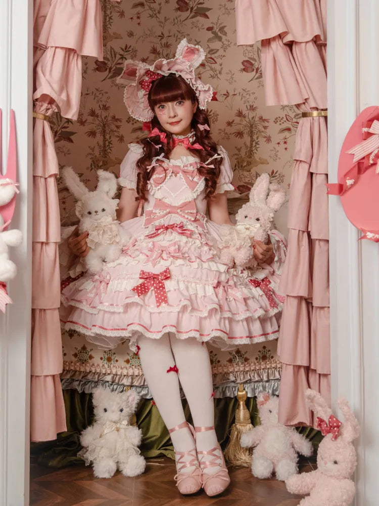 Ruffle Accents Bow Sweet Theme Bunny Piece One Dress Princess Pink Lolita